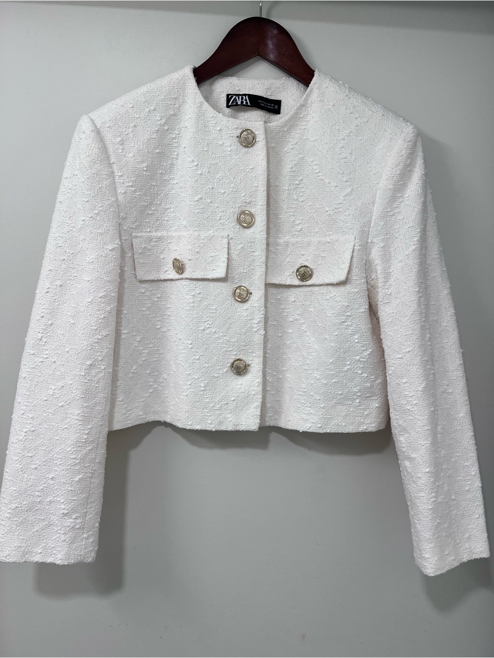 ZARA Cream Bouclé Cropped Blazer with Gold Buttons